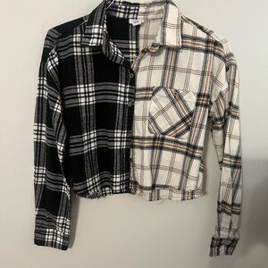 Rue21 Black and Cream Button Down Shirt Modern Cropped Plaid
